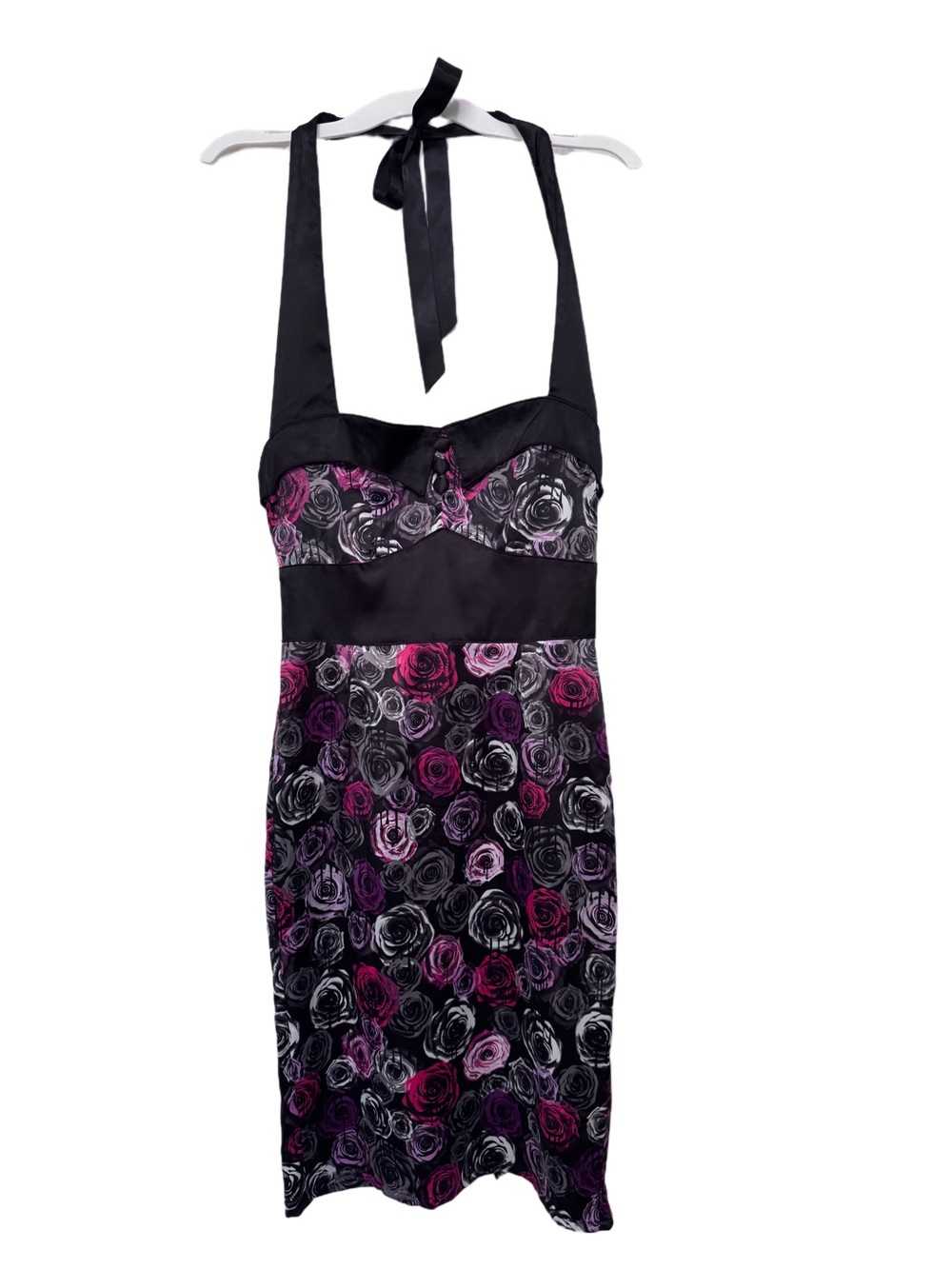 Hell Bunny Womens M Harley Wiggle Roses Halter Sweetheart Pencil Silky Dress